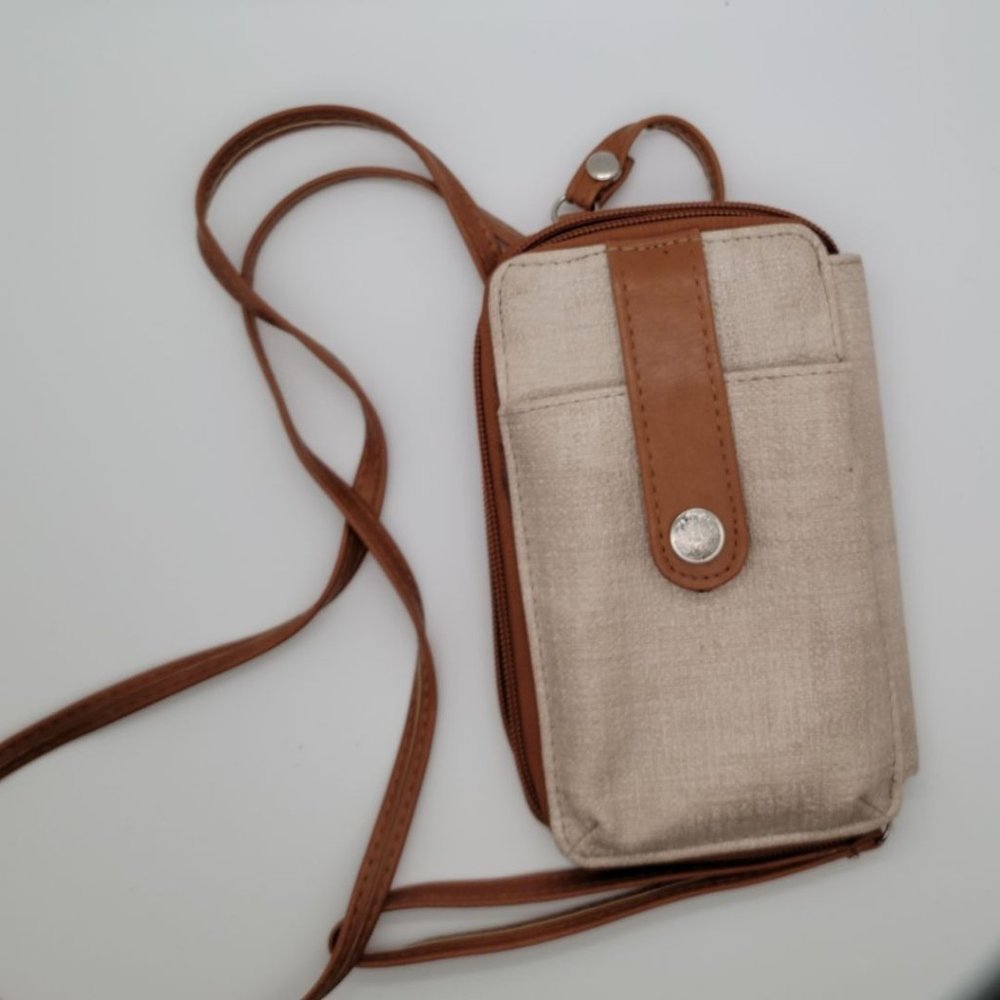 Canvas & Leather Zip Up Crossbody Wallet Cream/Tan
